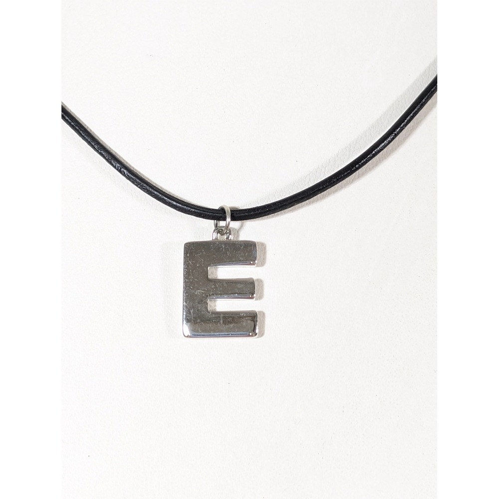 NWT Nine West Silver Tone Initial E Pendant Black Cord Necklace 18" Minimalist